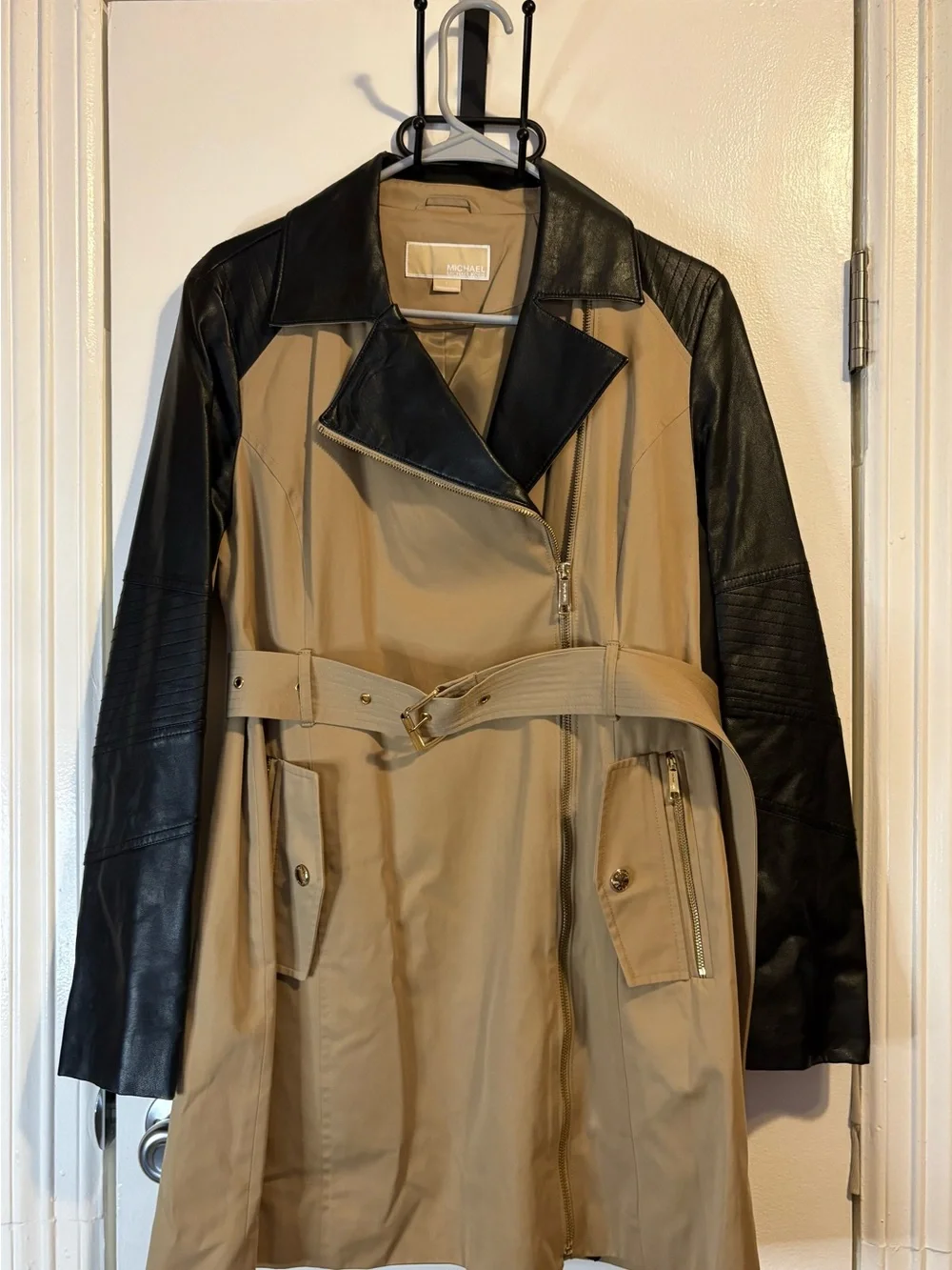 Michael Kors Tan Trench Coat with Black Leather Sleeves
